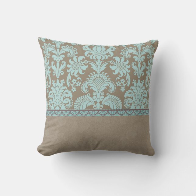 Coussin Damassé de Taupe et de turquoise (Recto)