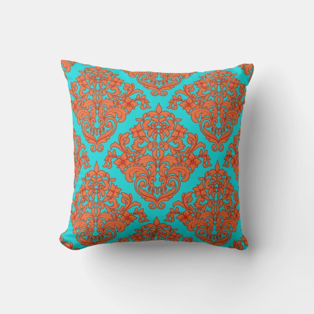 Coussin Damassé d'orange et de turquoise (Recto)