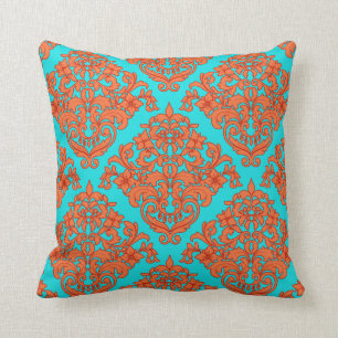 Coussin Damassé d'orange et de turquoise
