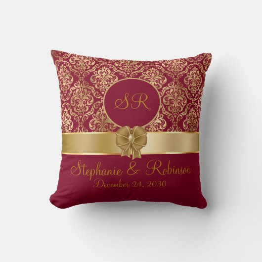 Coussin Damassé doré élégant sur monogramme bordeaux (Recto)