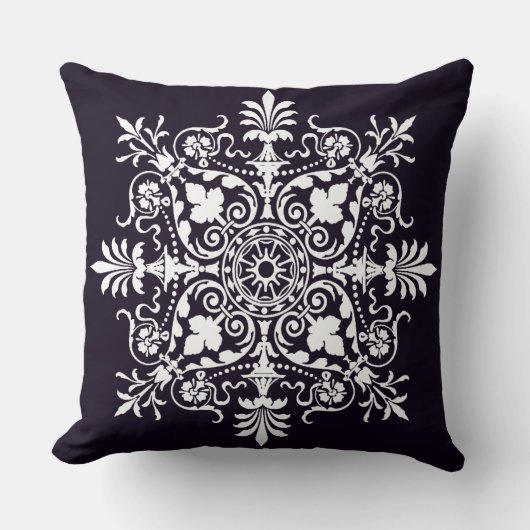 Coussin Damassé floral orné violet foncé (Recto)