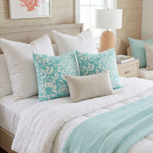 Coussin Damassé floral turquoise et blanc