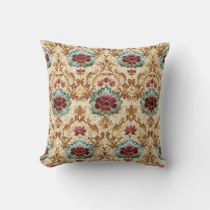Coussin Damassé floral vintage en turquoise et burgundy