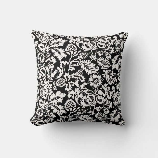 Coussin Damassé florale de William Morris, noire et (Recto)