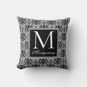 Coussin Damassé Noir Blanc Monogrammé