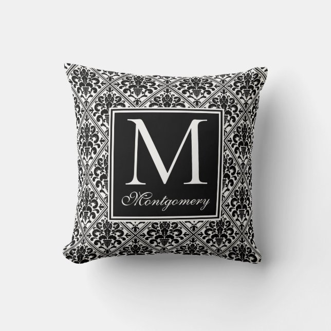 Coussin Damassé Noir Blanc Monogrammé (Recto)