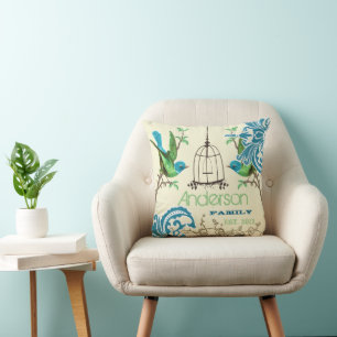 Coussin Damassé personnalisé de cage à oiseaux vintage