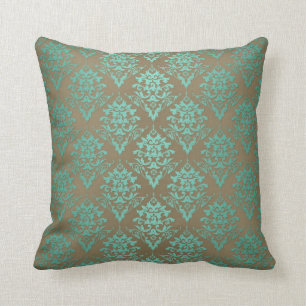 Coussin Damassé sarcelle sur brun victorien antique