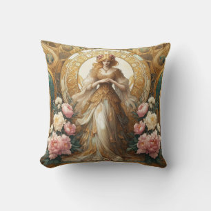 Coussin Dame Art Nouveau aux pivoines blanches et roses