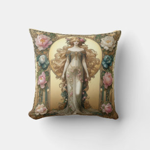 Coussin Dame Art Nouveau avec pivoines Jeu d'oreiller