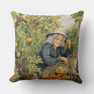 Coussin Dame aux oranges et pêches avec des cheveux gris e