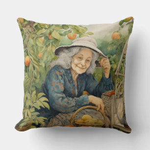 Coussin Dame aux oranges et pêches avec des cheveux gris e