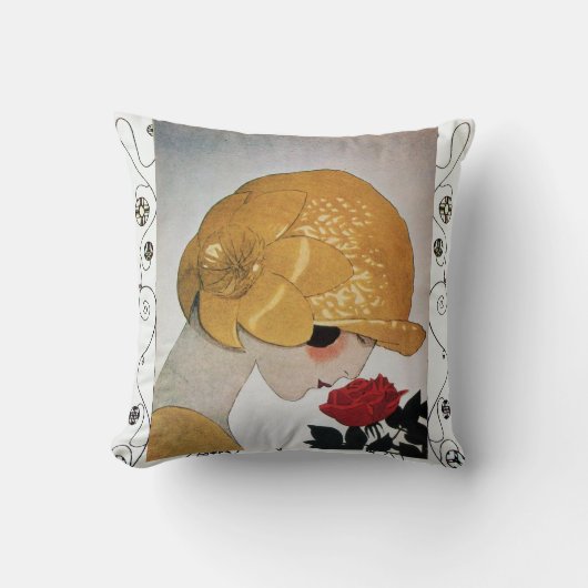 Coussin DAME AVEC ROSE ROUGE / Tourbillons géométriques (Recto)