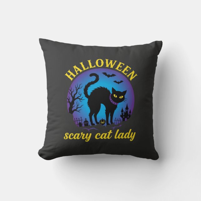 Coussin Dame de chat effrayante Halloween Chat noir (Recto)
