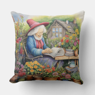 Coussin Dame de cottage en bois avec chapeau rouge lisant
