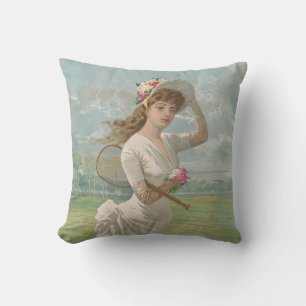 Coussin Dame de tennis victorienne avec chapeau à fleurs A