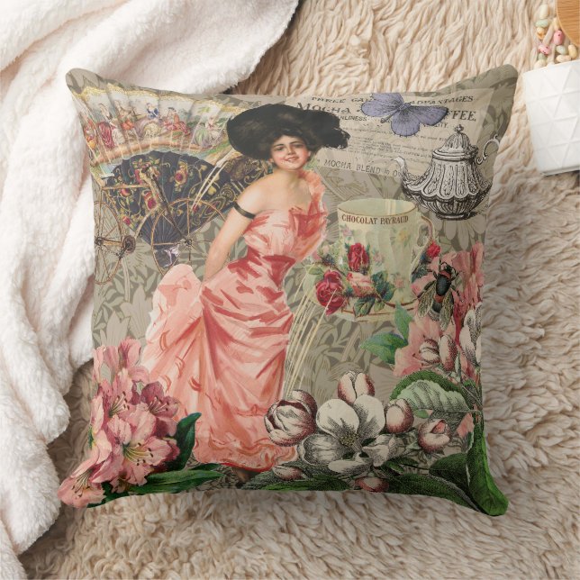 Coussin Dame du café femme victorienne rose riche robe (Couverture)