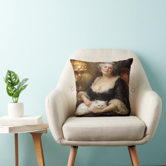 Coussin Dame élégante baroque posant avec un chat blanc (Chaise)