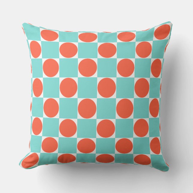 Coussin Damier Corail et Aqua Cercle (Recto)