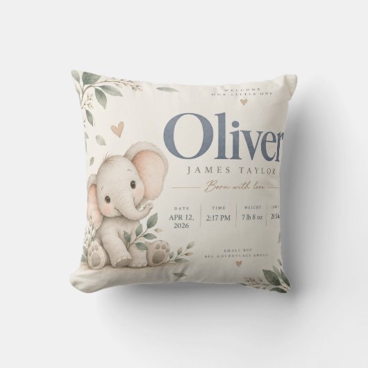 Coussin d'annonce de naissance de bébé éléphant Ol (Recto)