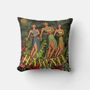 Coussin Danseuses Hula Vintage d'Hawaï Palmier Tiki Rétro