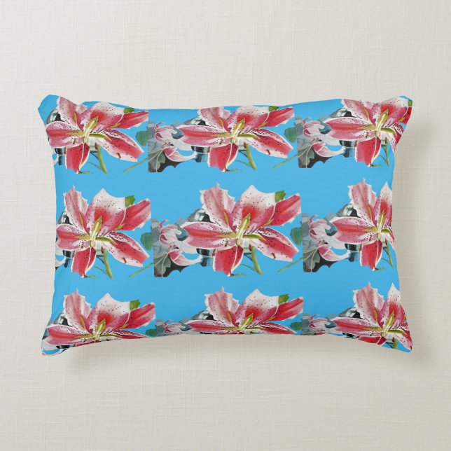 Coussin d'aquarelle bleu et rose Lillies (Devant)