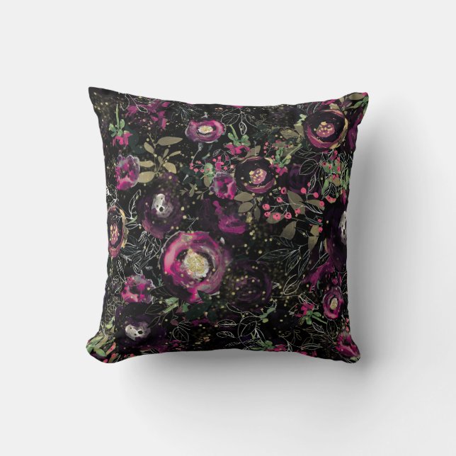 Coussin Dark Moody Berry Plum Étincelle Florale Moderne (Recto)