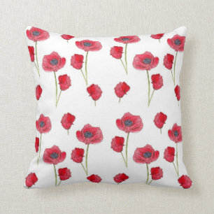 Coussin d'art botanique de la fleur de pavot rouge