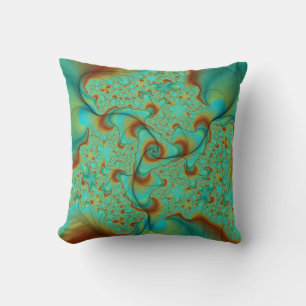 Coussin d'art fractal turquoise et rouille