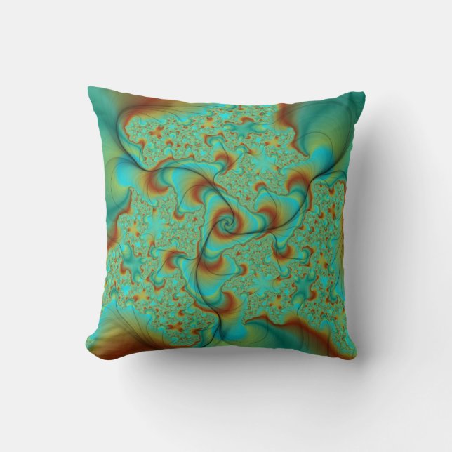 Coussin d'art fractal turquoise et rouille (Recto)