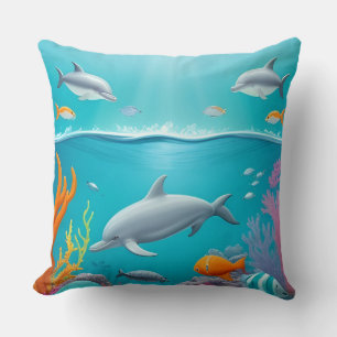 Coussin Dauphins joueurs explorant un récif corallien vibr