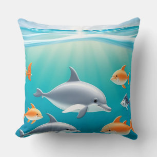 Coussin Dauphins joueurs explorant un récif corallien vibr