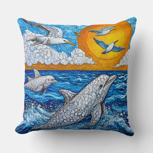 Coussin Dauphins Mouettes Scène Océanique 🌊🐬 Brise Côtiè (Recto)