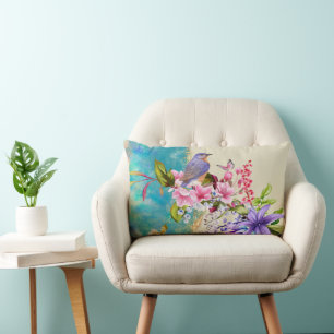 Coussin de bois d'oiseaux et de fleurs