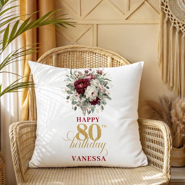 Coussin de cadeau d'anniversaire 80 ans Burgundy B (Chic Blush Burgundy 80th Birthday Gift Pillow)