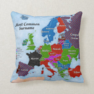 Coussin de carte de l'Europe de noms de famille