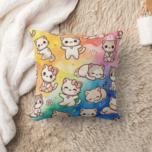  Coussin de chat Kawaii avec arc-en-ciel à l'aquar (Couverture)