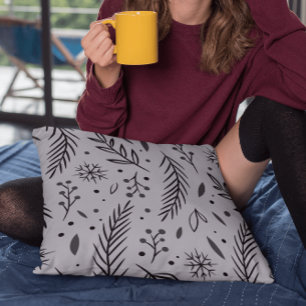 Coussin de décoration botanique d'hiver – Gris