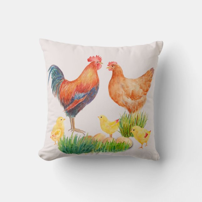 Coussin de famille de poulet d'aquarelle (Recto)