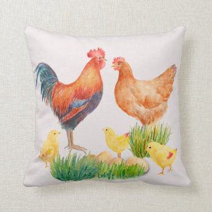 Coussin de famille de poulet d'aquarelle