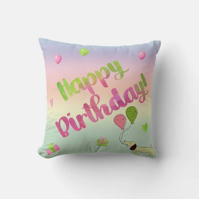 Coussin de fête d'anniversaire de teckel rose et v (Recto)