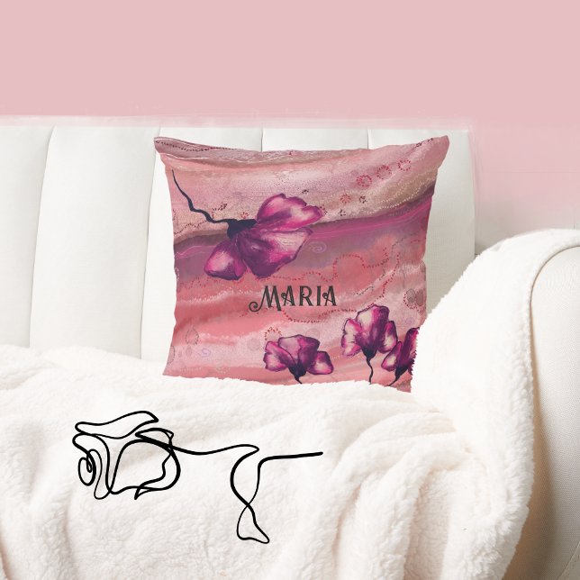 Coussin de fleurs d'art personnalisées roses (Pink Personalized Art Flowers Pillow)