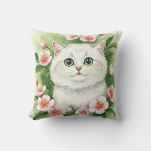 Coussin de fleurs de printemps de chats blancs