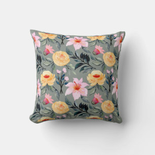 Coussin de fleurs gris jaune et rose