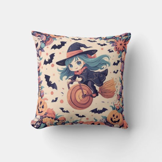 Coussin de Halloween de sorcière aux cheveux bleus (Recto)