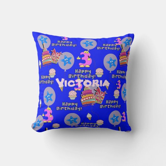 Coussin de jet, #3 Joyeux 3ème Anniversaire Bleu (Recto)