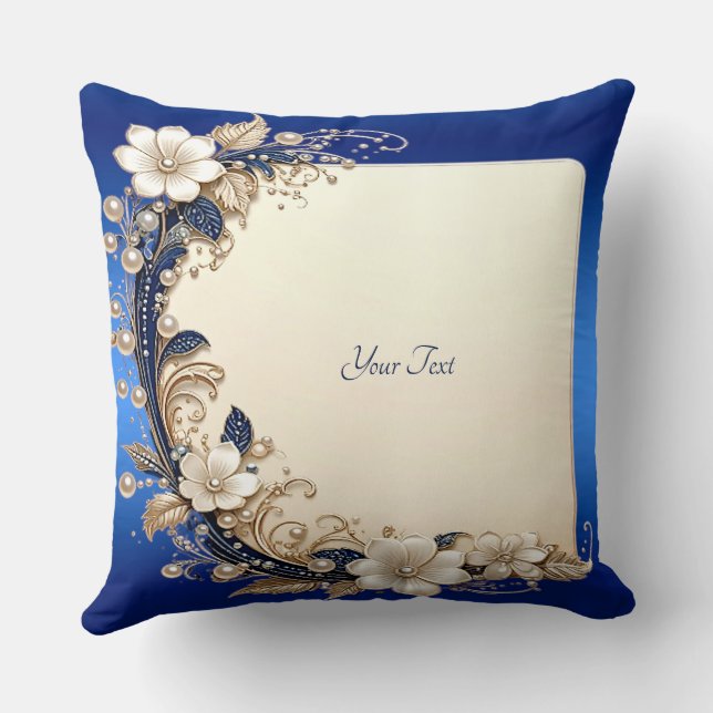Coussin de jet à embellissement floral bleu blanc (Verso)
