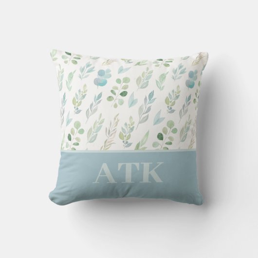 Coussin de jet à feuille aquarelle monogrammé (Recto)