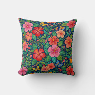 Coussin de jet abstrait coloré à motif d'hibiscus