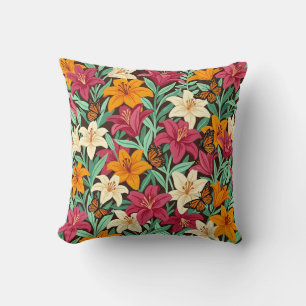 Coussin de jet abstrait coloré aux lys et papillon